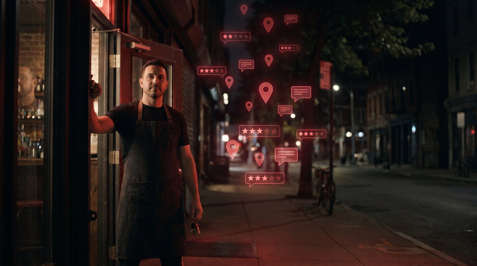 Dueño de un negocio local en la puerta de su bar con iconos de reseñas y ubicación de Google